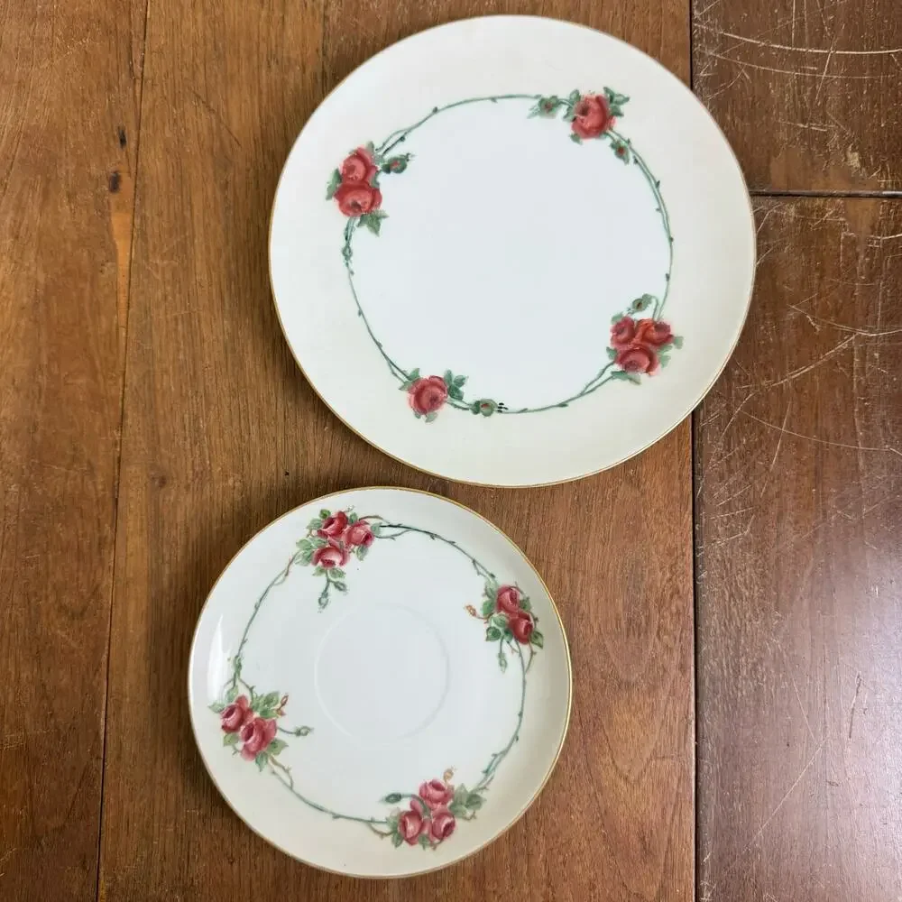 Antique Gotham Austria W.E.B. red rose transferware cup‎ saucer & cookie plate